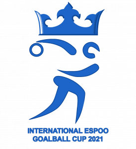 Logo of the tournament, crown from the coat of arms of city of Espoo on top of a goalball pictogram
